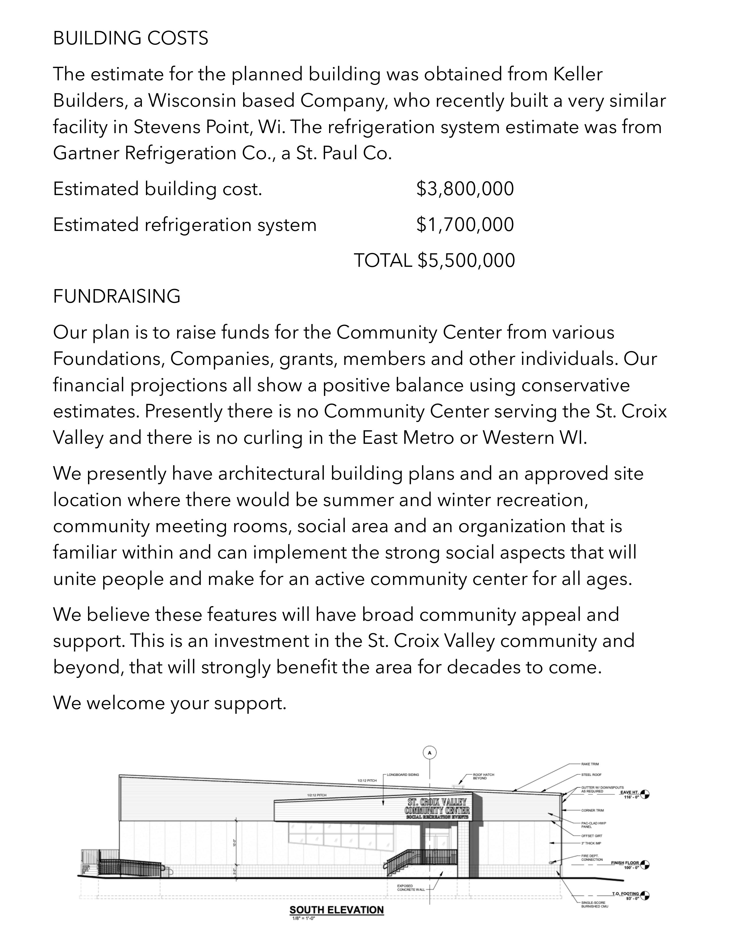 SCVCC Building Costs and Fundraising